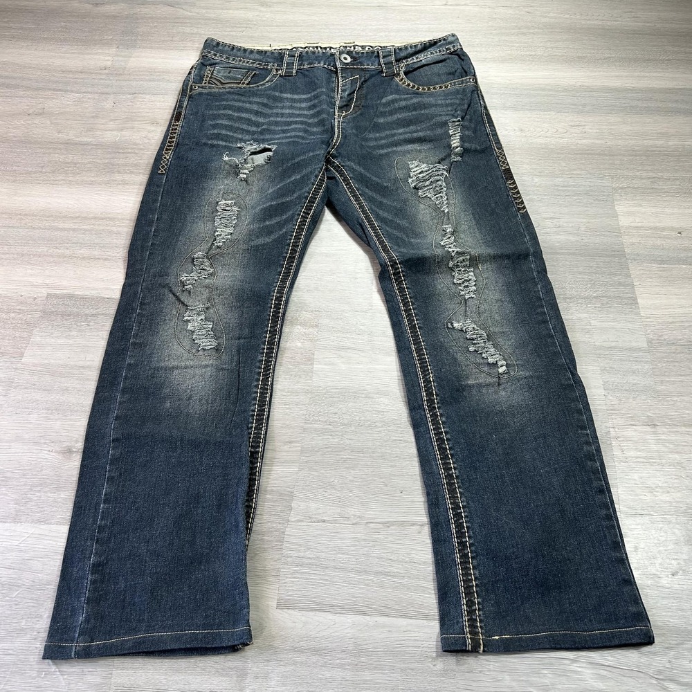 Platini Jeans Mens 36x32 Blue Regular Straight Distressed Stretch Denim Med Wash